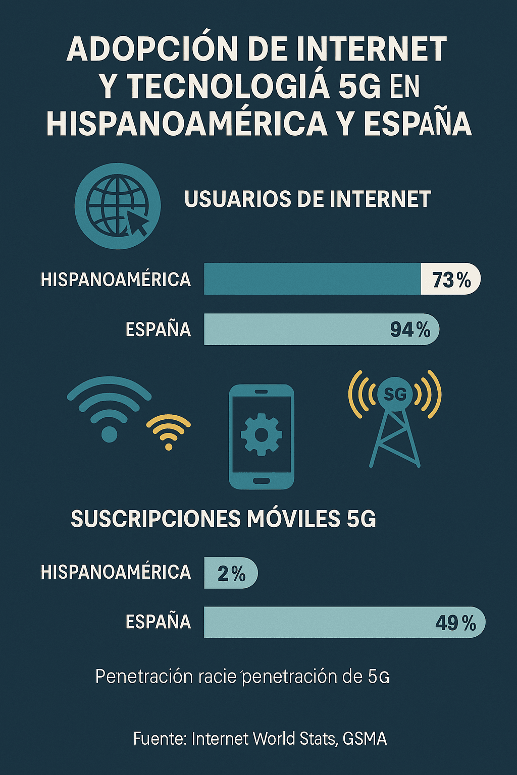 implantación digital mercado hispano. Adopción de internet 5G Hispanoamérica y España